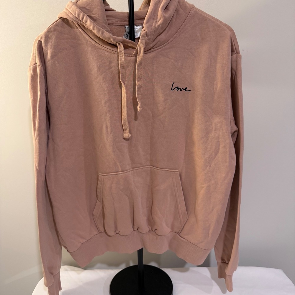 H&M Divided Women Mauve Pink Love Embroidered Pullover Hoodie Sweatshirt Medium - Picture 2 of 8